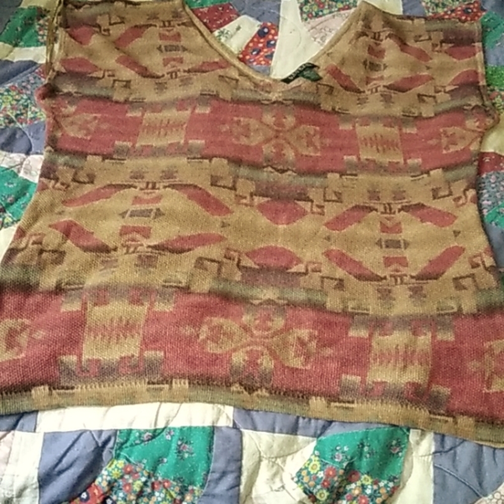 LRL 100%linen western print sleeveless top.size large, no major issues noted